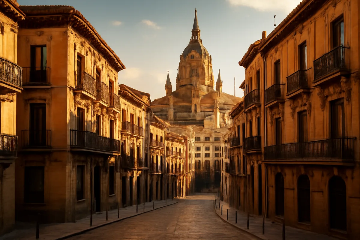 Golden hour view of a classic Spanish city street with ornate architecture, cobblestone paths, and warm amber light illuminating terracotta rooftops and a distant cathedral