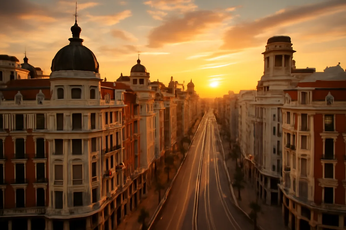 Aerial view of Madrid's Gran Vía boulevard at golden hour, showcasing the city's grand classical architecture bathed in warm sunset light