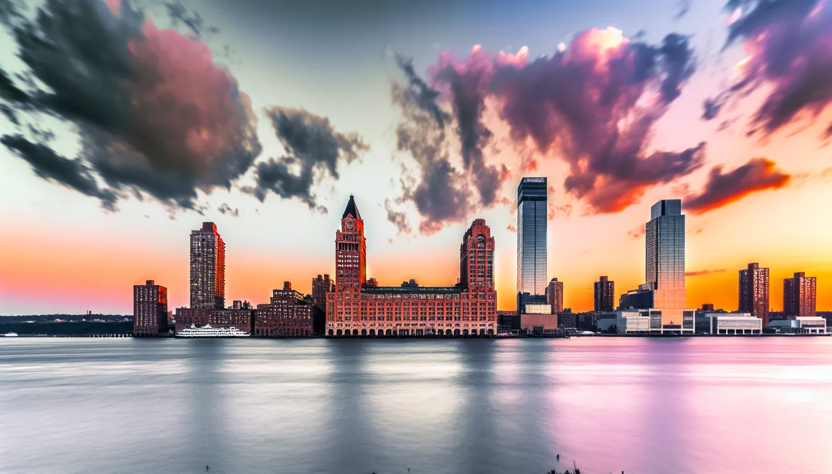 New York City skyline at sunset with Empire State Building and skyscrapers reflecting in the Hudson River