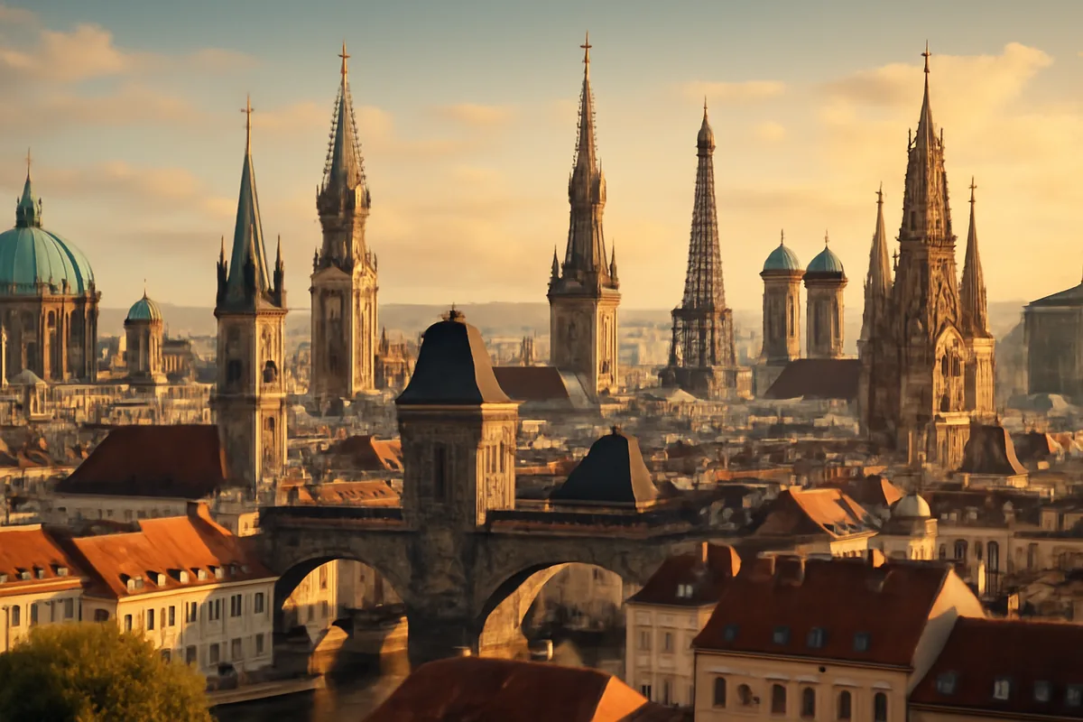 Panoramic European cityscape featuring diverse architectural styles from multiple countries, captured during golden hour with warm lighting highlighting the cultural variety across Europe