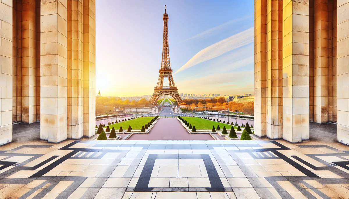 Golden hour view of the Eiffel Tower from Trocadéro gardens in Paris, with classic Haussmann architecture visible in the foreground and warm sunlight illuminating the iconic French landmark