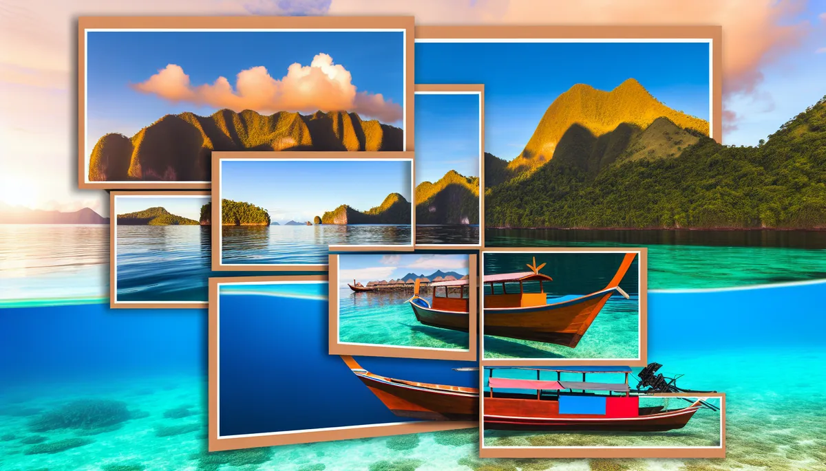 Traditional Indonesian boats floating on turquoise waters with tropical islands and volcanic peaks in the background during golden hour