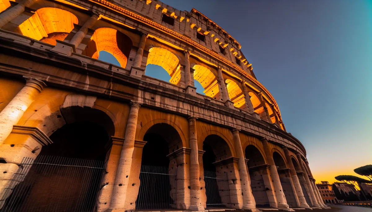 The Roman Colosseum photographed during golden hour with warm lighting highlighting its ancient stone architecture against an evening sky