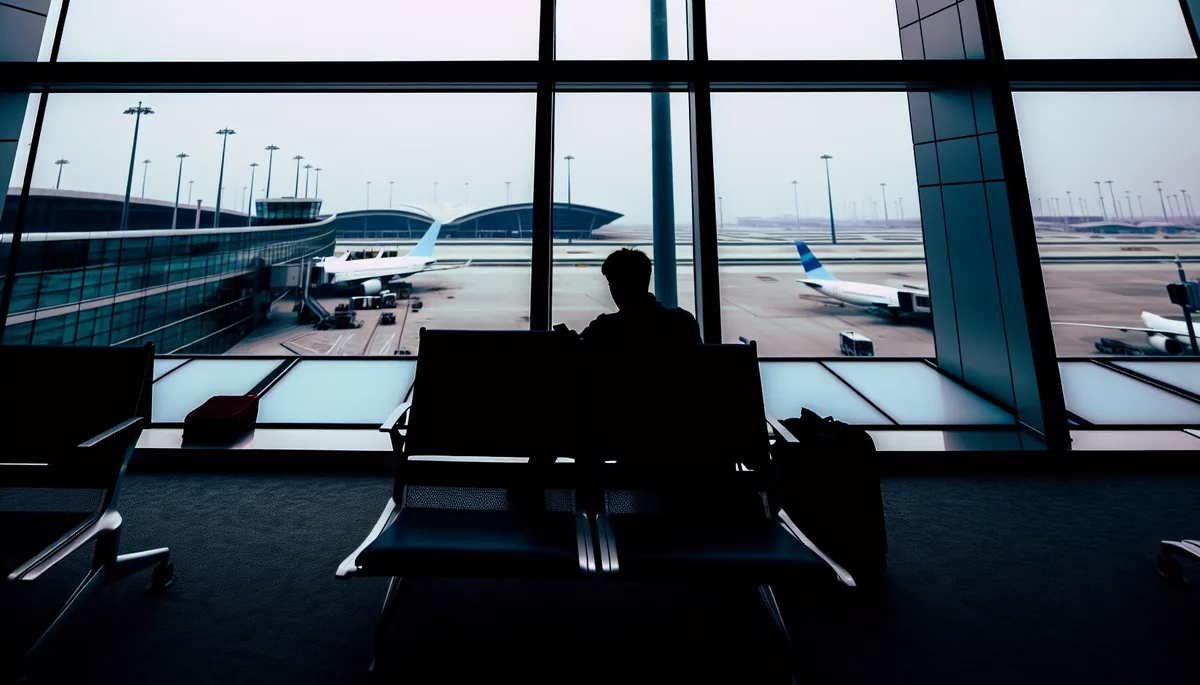 Silhouette of a traveler sitting in a modern airport terminal with large windows showing planes on the runway, conveying the frustration of slow connectivity while traveling