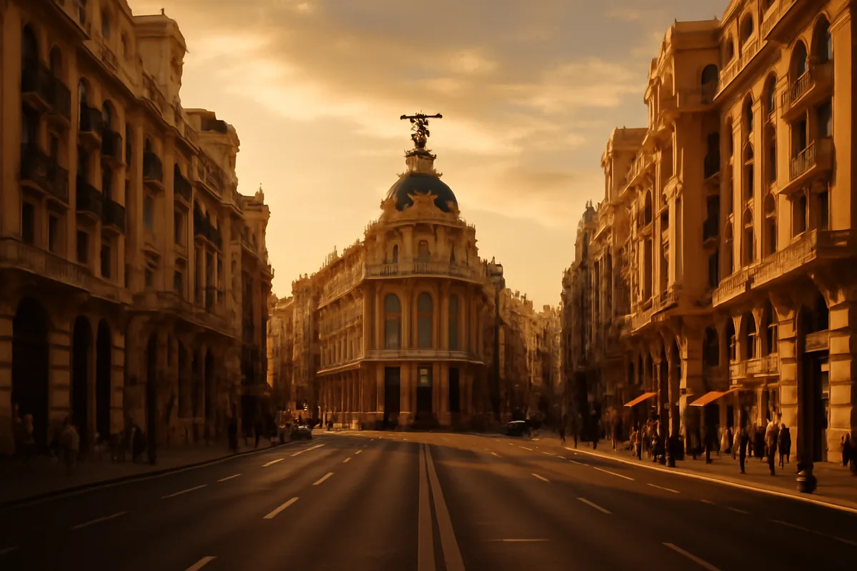 Madrid's Gran Vía boulevard at golden hour, showcasing the city's grand early 20th century architecture bathed in warm amber sunlight