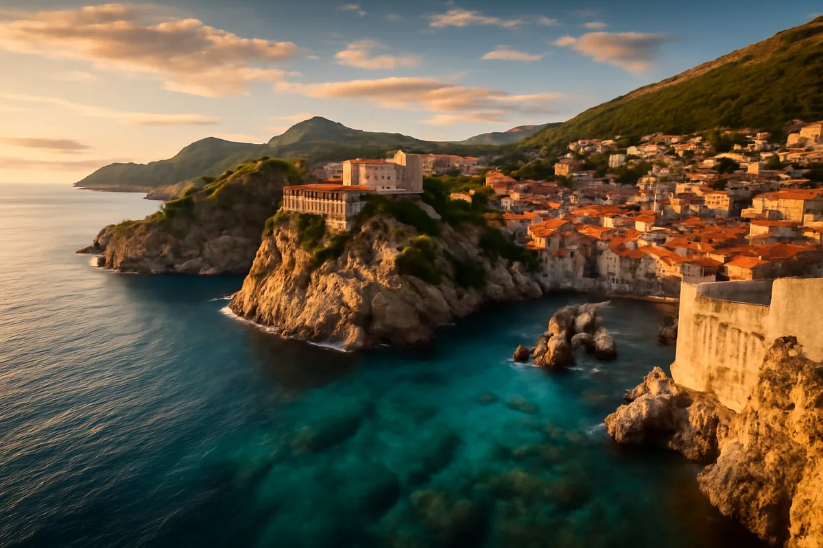 Panoramic view of Montenegro's Adriatic coastline featuring turquoise waters, a historic walled town on rocky cliffs, and dramatic green mountains in warm golden light