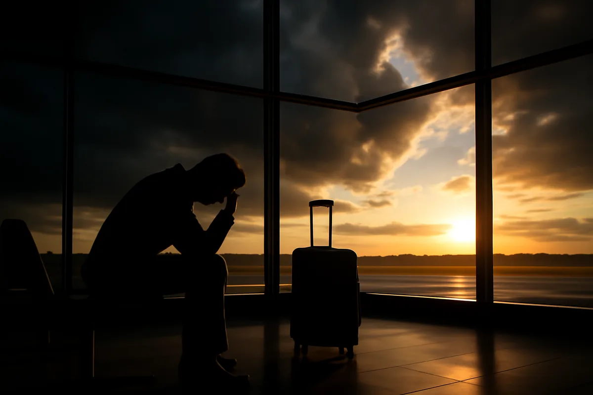 Silhouette of a traveler standing at airport terminal windows with dramatic sky clearing from stormy to bright, symbolizing overcoming travel connectivity challenges
