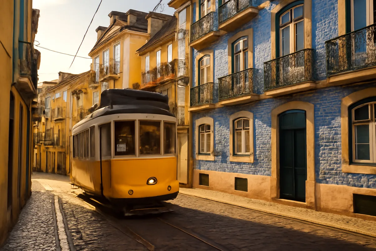 A classic yellow tram traveling through the narrow cobblestone streets of Lisbon, Portugal, surrounded by colorful tiled building facades bathed in warm golden hour light.