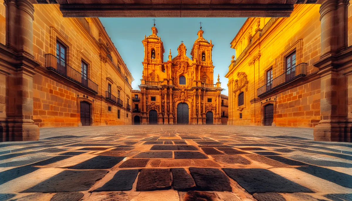 Historic Spanish cathedral with baroque architecture in golden hour lighting, featuring a traditional cobblestone plaza typical of Spanish Easter destinations