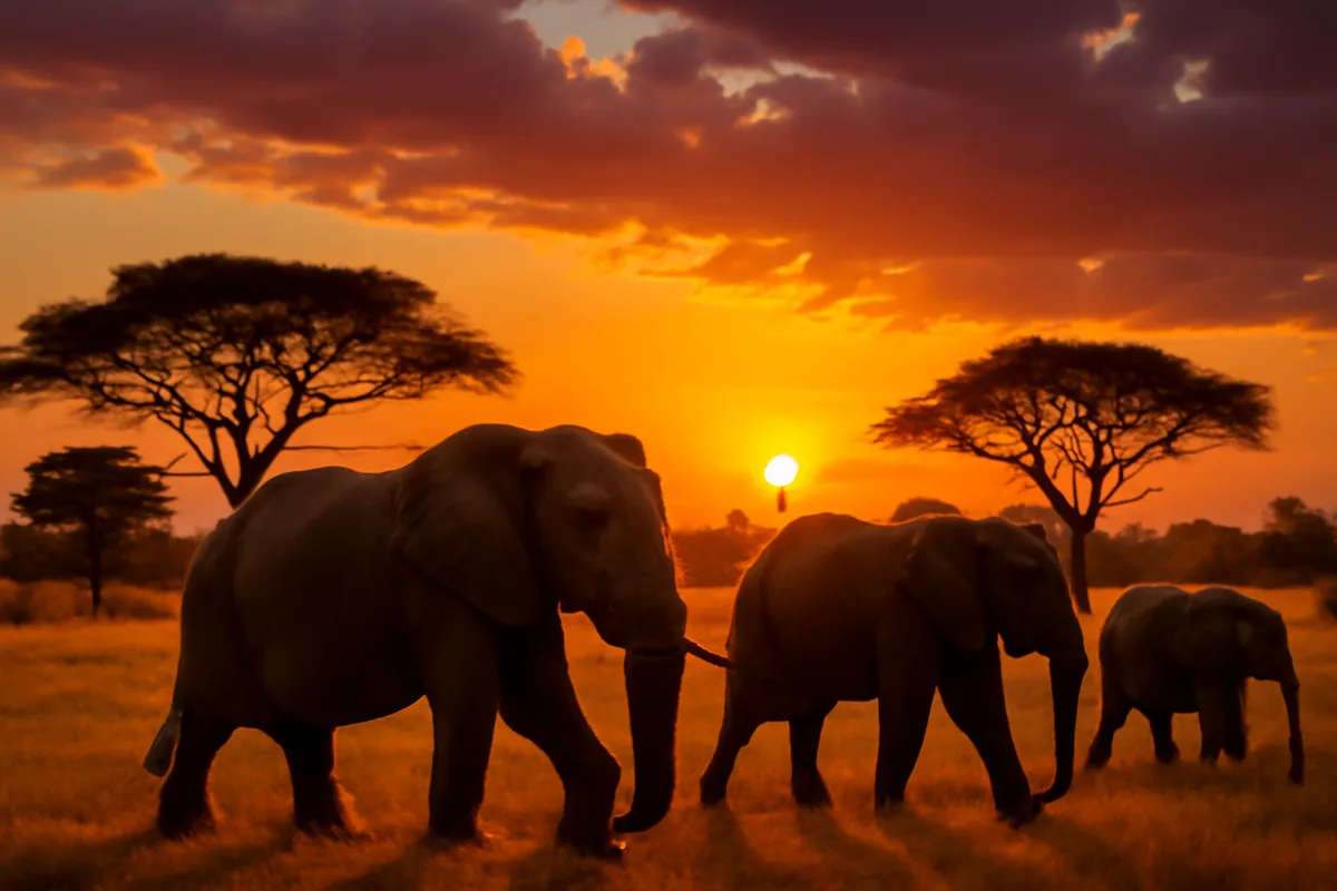 African elephants walking across golden savanna grassland at sunset with acacia trees and dramatic sky in South Africa's wilderness
