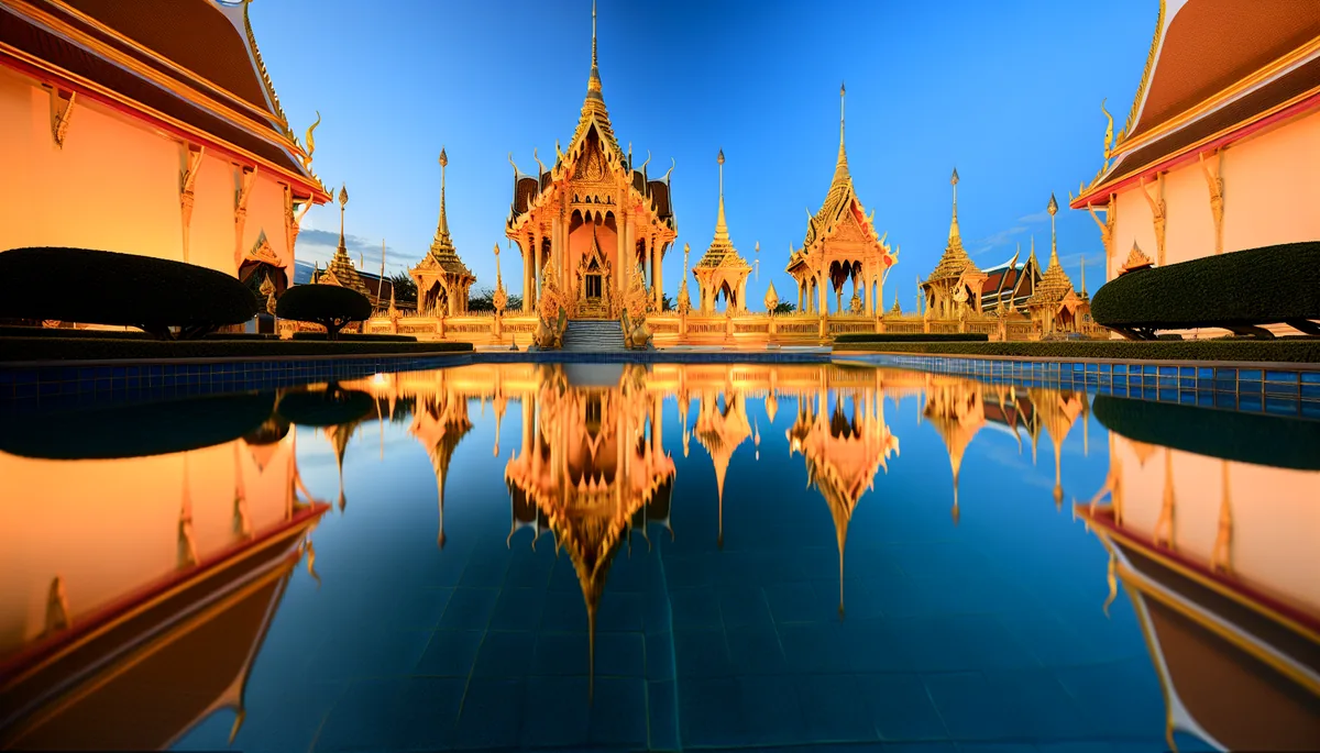 Golden Buddhist temple with traditional Thai architecture reflecting in calm water during golden hour