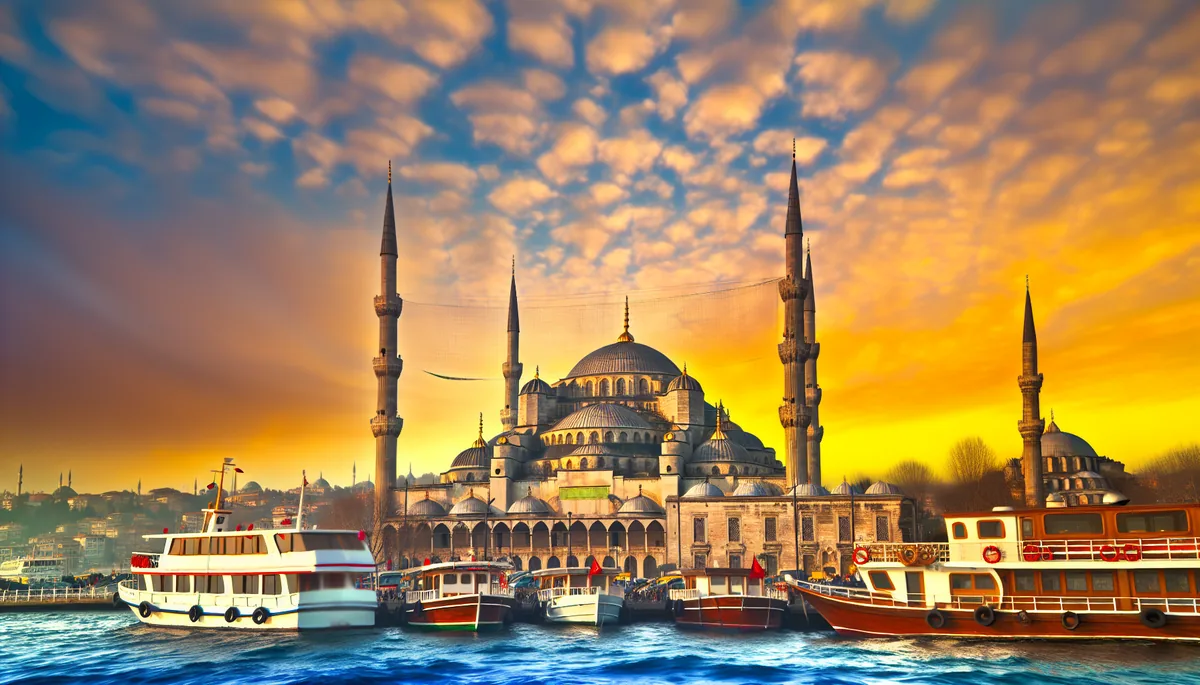 Stunning sunset view of Istanbul's Blue Mosque with its distinctive minarets silhouetted against a dramatic sky, with the Bosphorus strait and traditional boats in the foreground