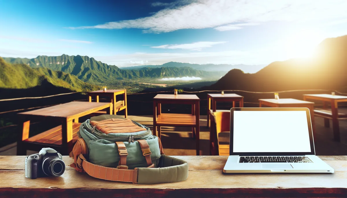 A traveler's backpack and laptop setup on a wooden table at a mountain cafe with a panoramic valley view in the background