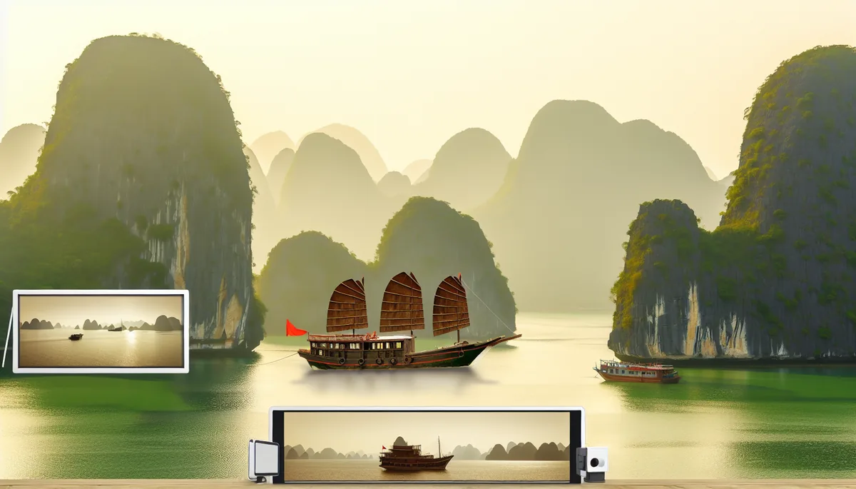 Stunning landscape view of Ha Long Bay, Vietnam, showing dramatic limestone cliffs emerging from calm emerald waters with a traditional wooden boat in the foreground during golden hour