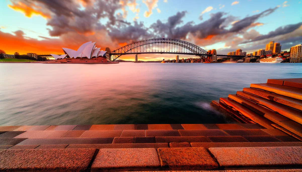 Sydney Opera House and Harbour Bridge at sunset with golden light reflecting on harbor waters