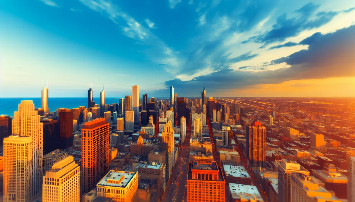 Panoramic view of an American city skyline during golden hour, showing tall buildings and urban streets from an elevated perspective