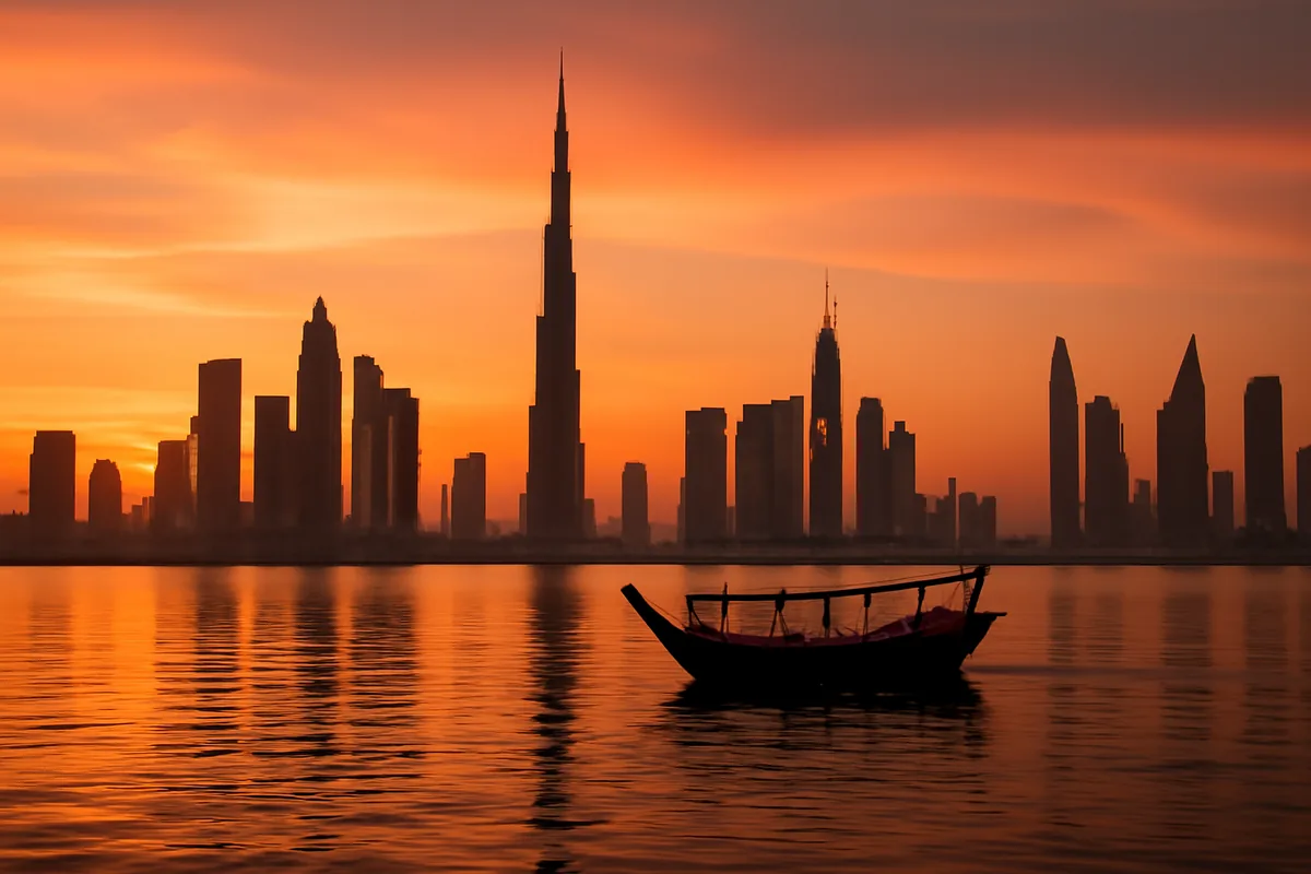 Dubai skyline at sunset with modern skyscrapers reflecting golden light over the Arabian Gulf, with a traditional dhow boat silhouetted in the calm water foreground