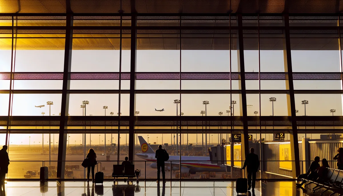 Silhouettes of travelers at a modern airport terminal with planes visible through large windows during golden hour
