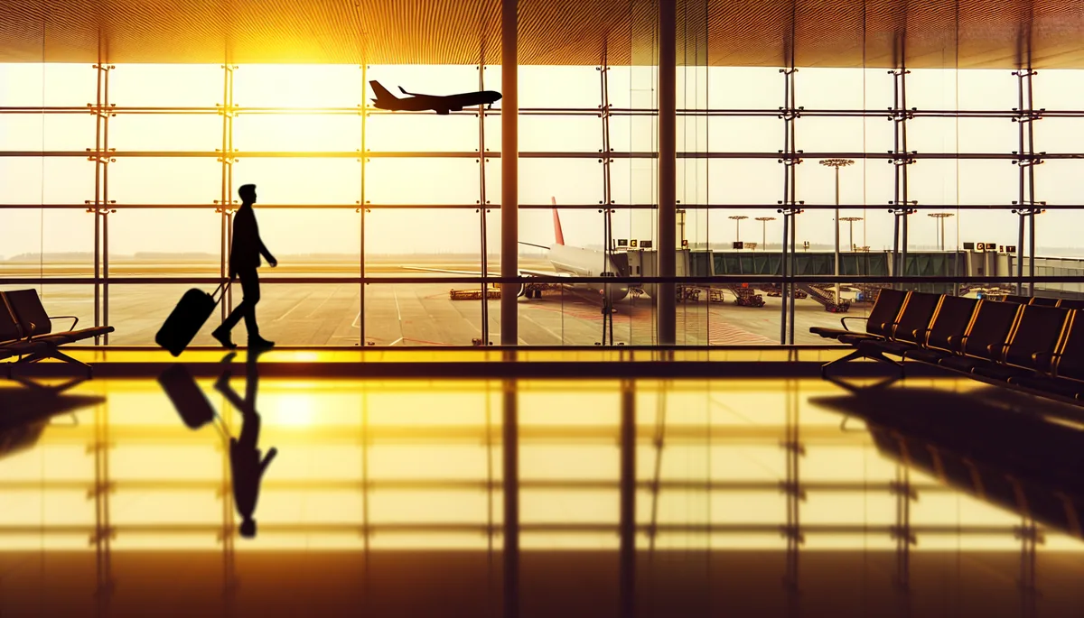 Silhouette of a traveler with luggage walking through a modern airport terminal during golden hour, with airplanes visible through large windows