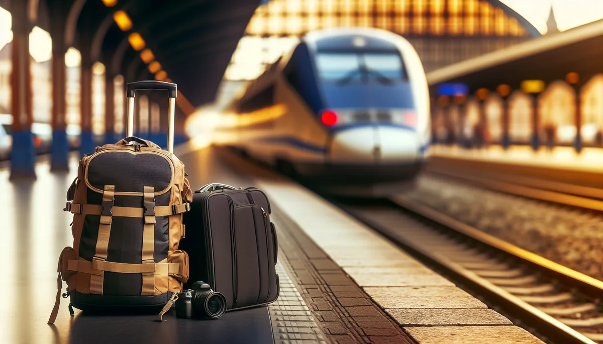 A traveler's backpack and luggage on a European train station platform with a blurred train in the background during golden hour