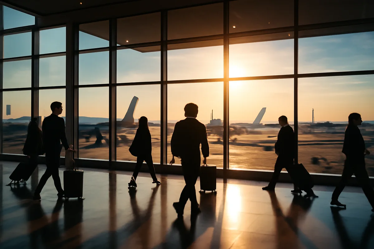 A modern international airport terminal with large windows overlooking aircraft on the tarmac, bathed in warm golden light with traveler silhouettes in the foreground.