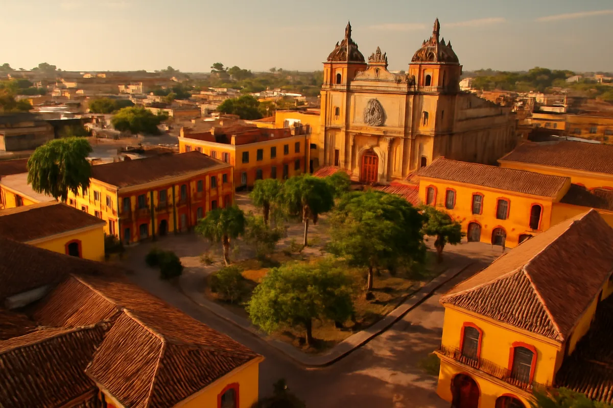 Aerial view of a colorful Spanish-speaking city plaza surrounded by terracotta-roofed colonial buildings and tropical trees bathed in warm golden hour light