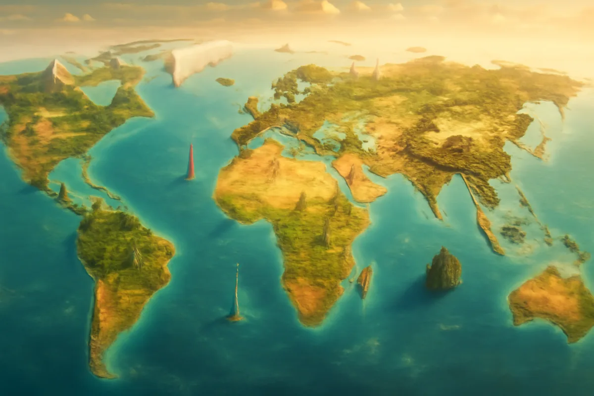 Aerial panoramic view of diverse world landscapes blending together, representing global travel connectivity across multiple countries and regions.
