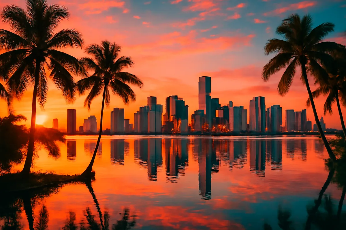 Miami skyline at sunset reflected in Biscayne Bay, surrounded by palm trees and a vibrant orange and pink sky
