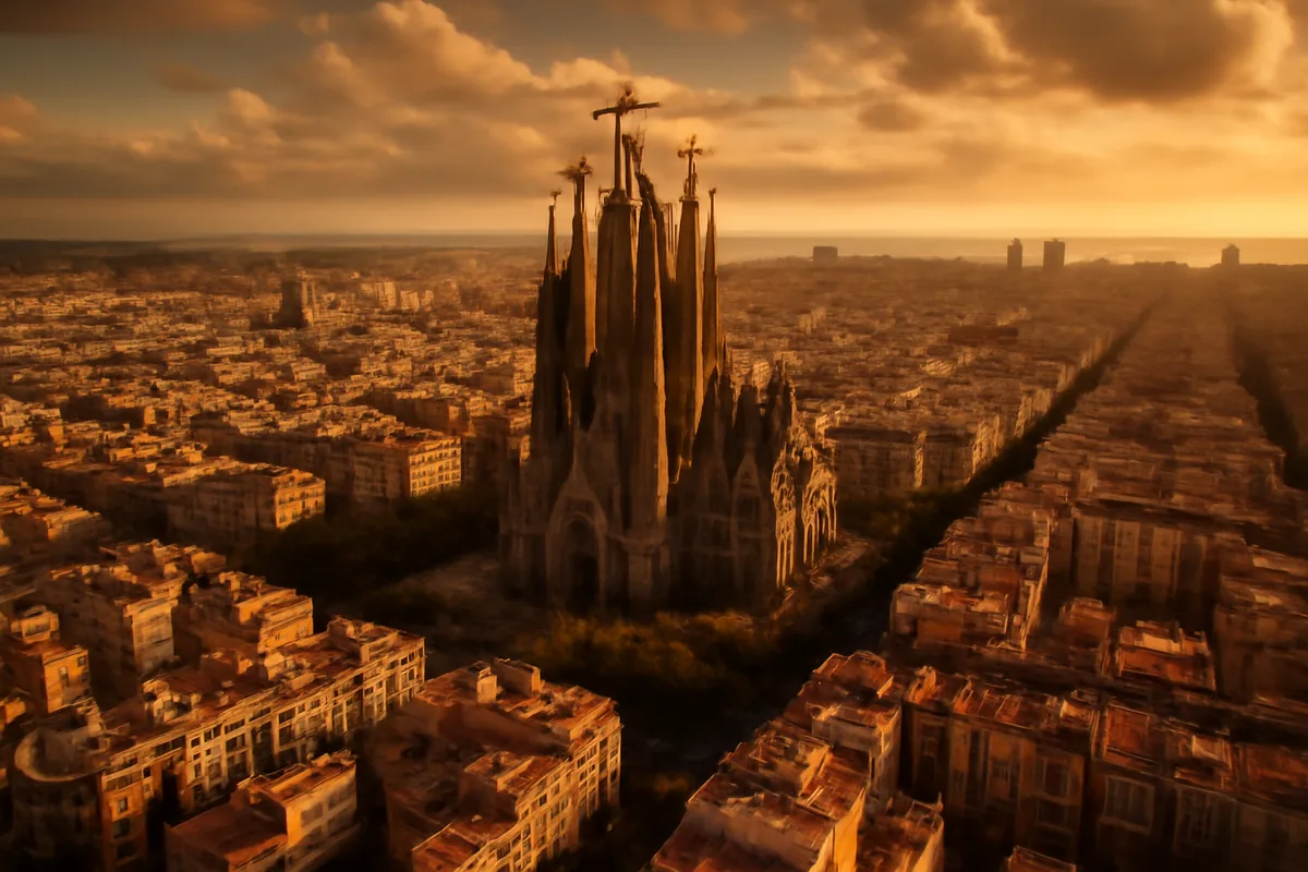 Aerial golden hour view of Barcelona's Sagrada Familia cathedral and surrounding cityscape with warm amber tones