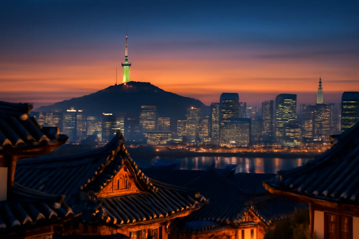 Panoramic twilight view of Seoul skyline featuring Namsan Tower illuminated against a blue and amber sky, with traditional Korean rooftops in the foreground and the Han River reflecting city lights below.