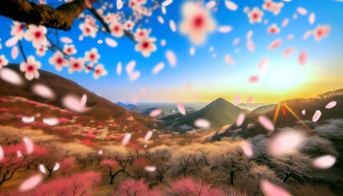 Beautiful spring landscape with cherry blossoms in full bloom, pink and white flowers framing mountains under a golden sky