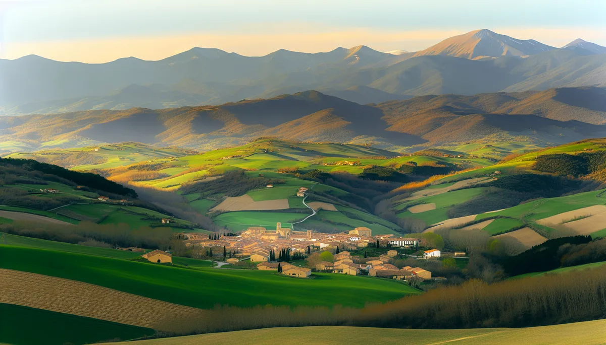 Scenic border landscape between Spain and France showing rolling hills, a small village, and mountains in the distance under warm afternoon lighting