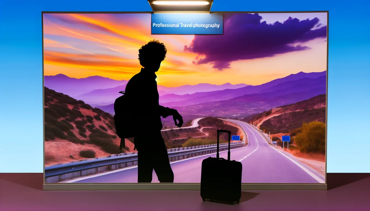 Silhouette of a traveler standing at a scenic European border crossing with mountains and winding roads at golden hour