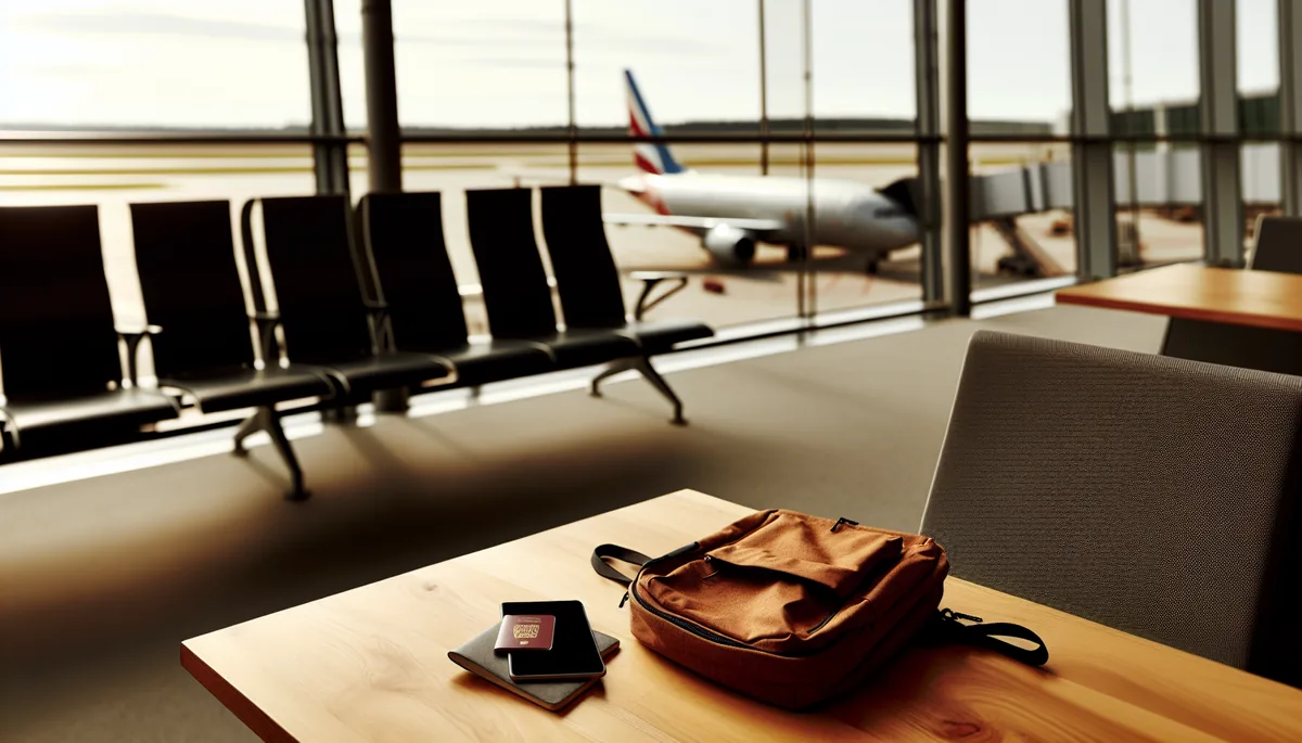 A traveler's backpack and passport on a wooden table at an airport departure lounge with planes visible through large windows