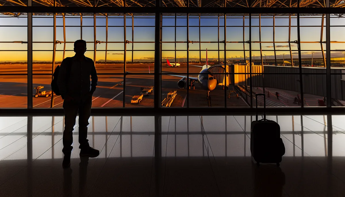 Silhouette of a traveler at an airport departure gate with planes visible through large windows during golden hour