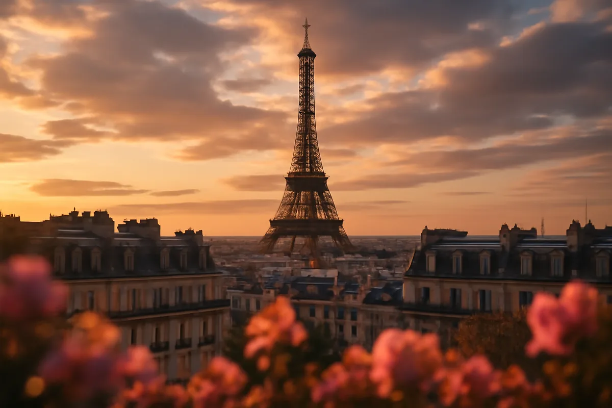 The Eiffel Tower standing tall over classic Parisian rooftops bathed in warm golden hour light, with blooming flowers in the foreground and a dramatic sky above.