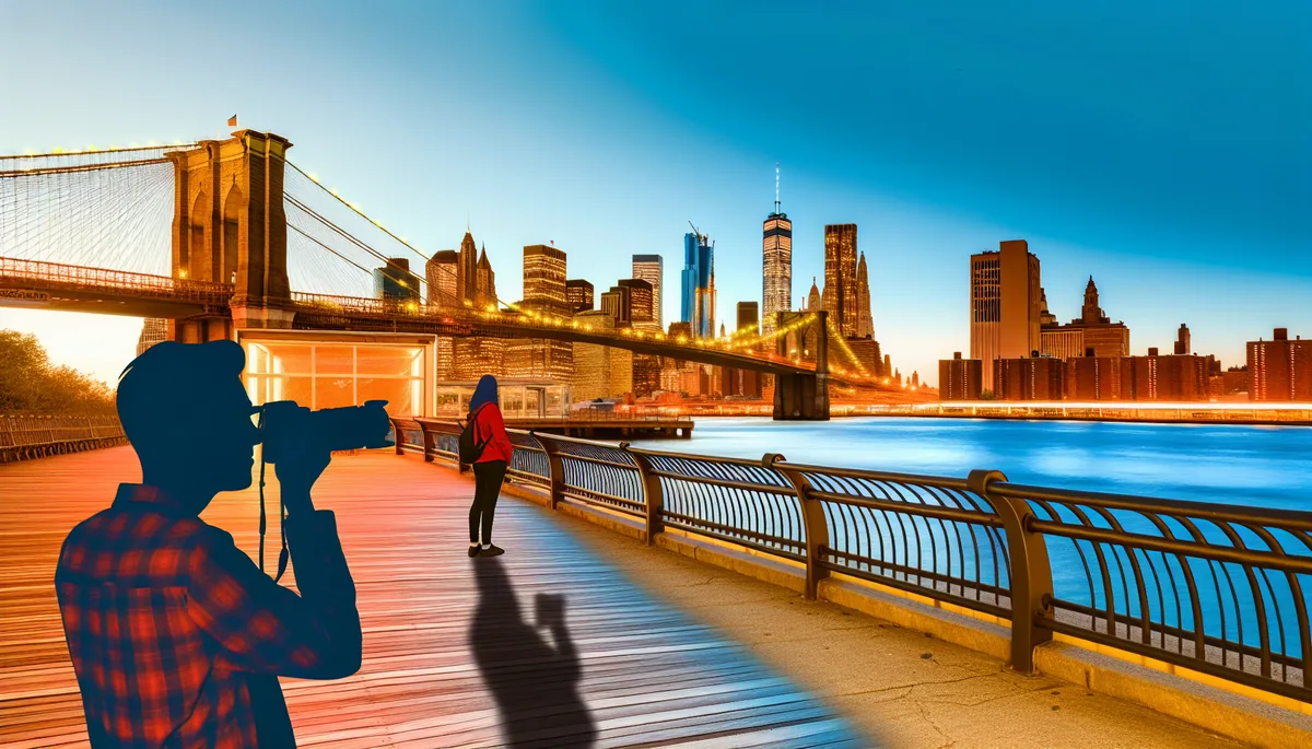 Silhouette of a person viewing the New York City skyline and Brooklyn Bridge during golden hour from a waterfront location