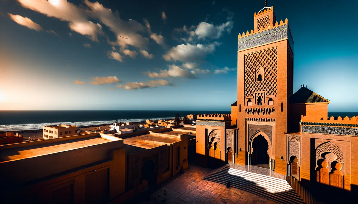 Majestic Hassan II Mosque in Casablanca, Morocco, with its iconic minaret rising against the Atlantic Ocean during golden hour