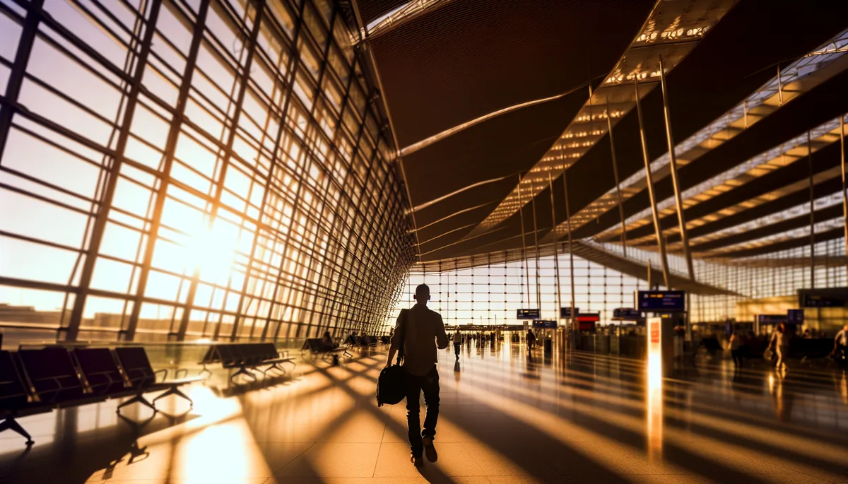 Silhouette of a traveler walking through a modern airport terminal with golden sunlight streaming through large windows