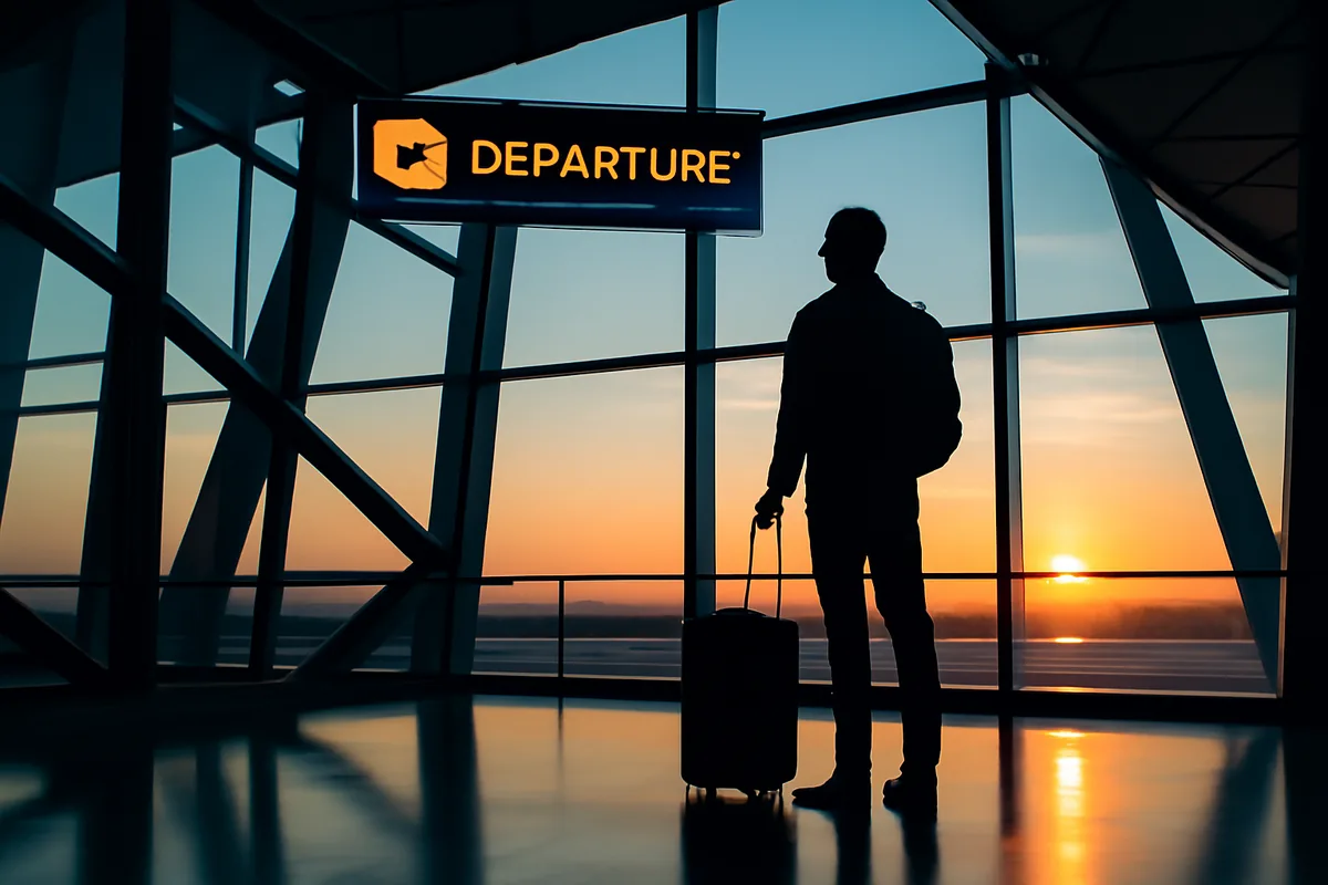 Silhouette of a traveler standing at a modern airport terminal with large windows and contemporary architecture during golden hour