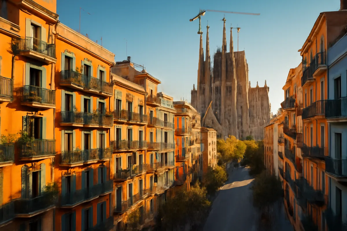 Barcelona cityscape featuring the iconic Sagrada Familia basilica with traditional Spanish architecture and colorful balconies in the foreground during golden hour