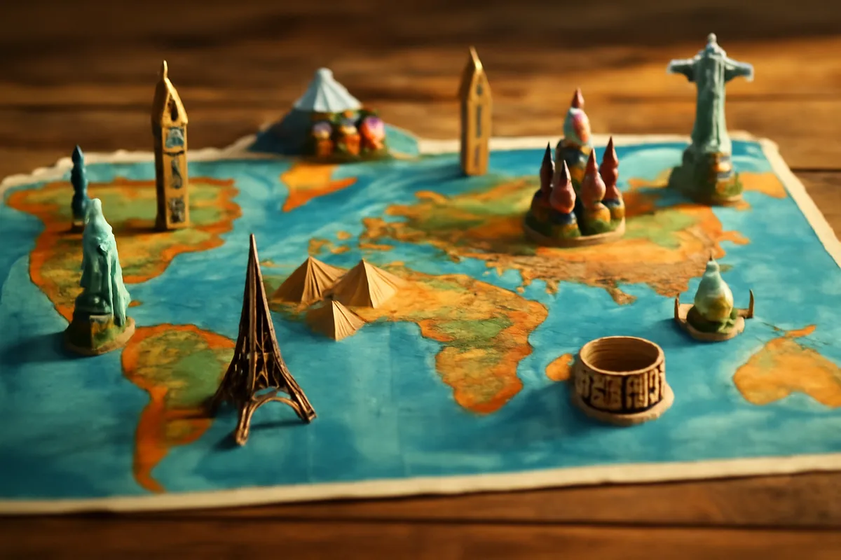 A flat-lay arrangement of miniature world landmarks representing global travel destinations, bathed in warm golden light on a wooden surface