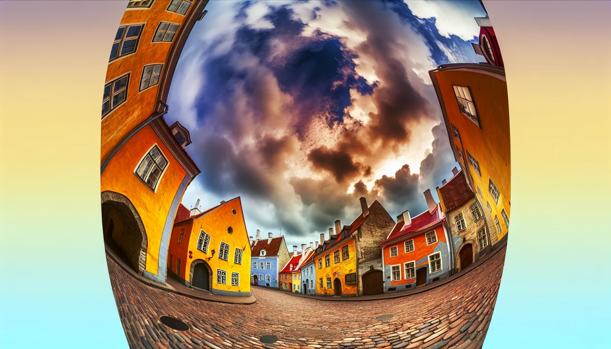 Scenic view of Tallinn's historic old town with medieval architecture, cobblestone streets, and colorful buildings under a dramatic sky
