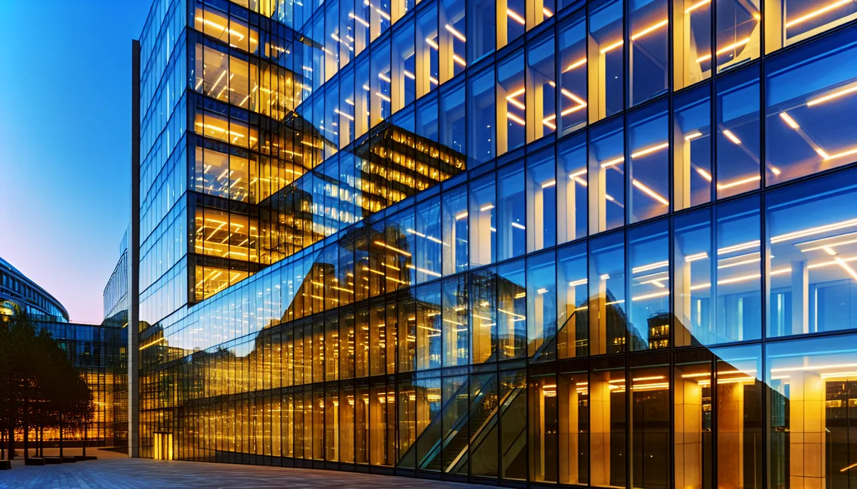 Modern glass office building in a business district at twilight with city lights reflecting in the windows