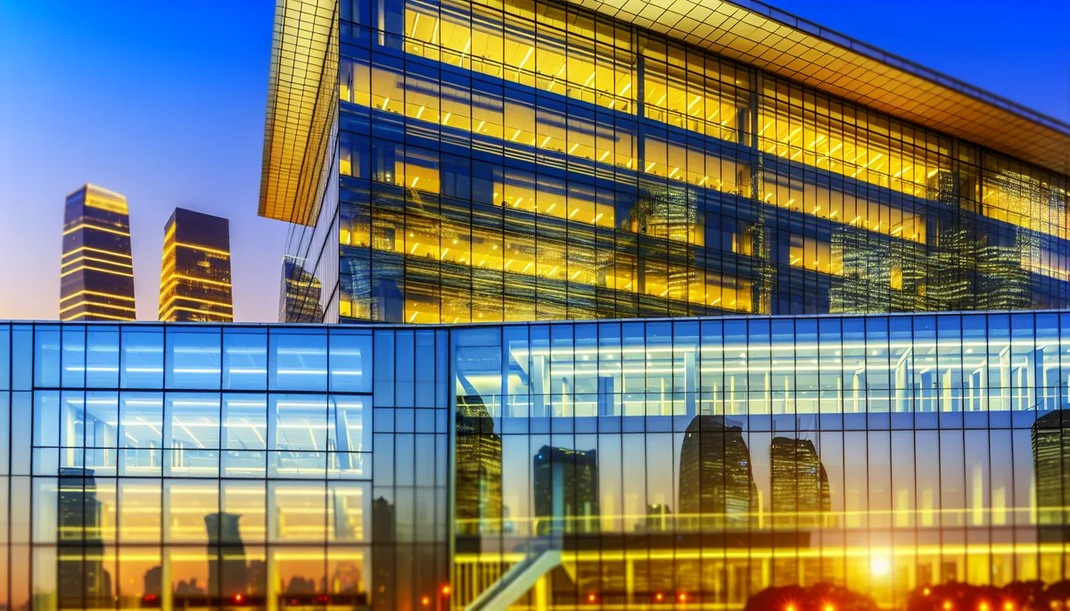 Modern glass office building in a business district at twilight with city lights reflecting in the windows