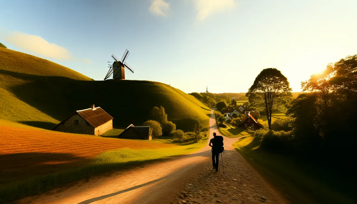 Scenic Estonian countryside landscape with traditional windmill, rolling hills, and a traveler walking on a cobblestone path toward a charming village during golden hour