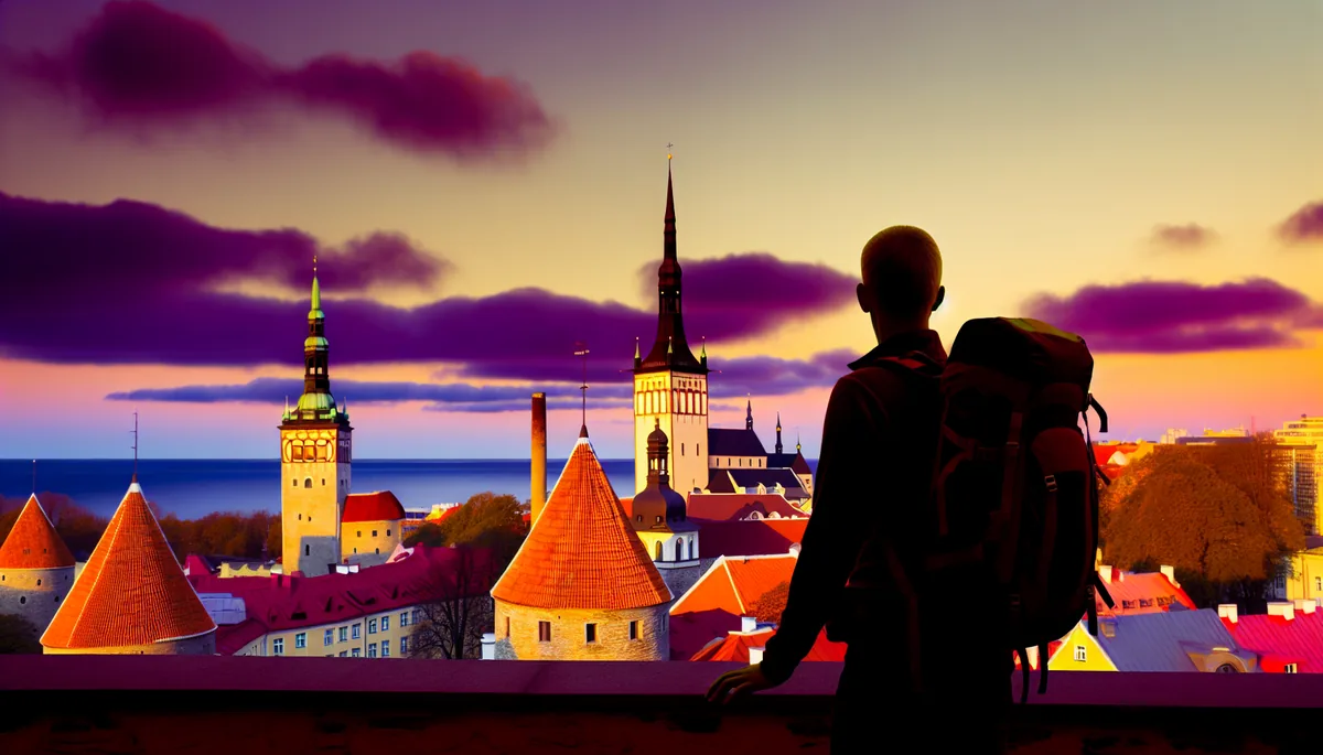 Silhouette of a traveler with backpack overlooking a European city skyline with medieval architecture at sunset