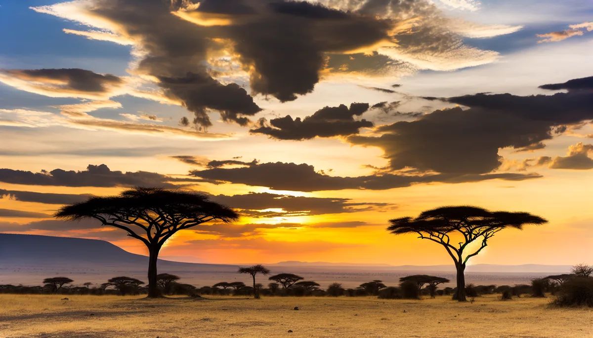 Expansive African savanna at sunset with acacia trees and distant mountains under a dramatic golden sky