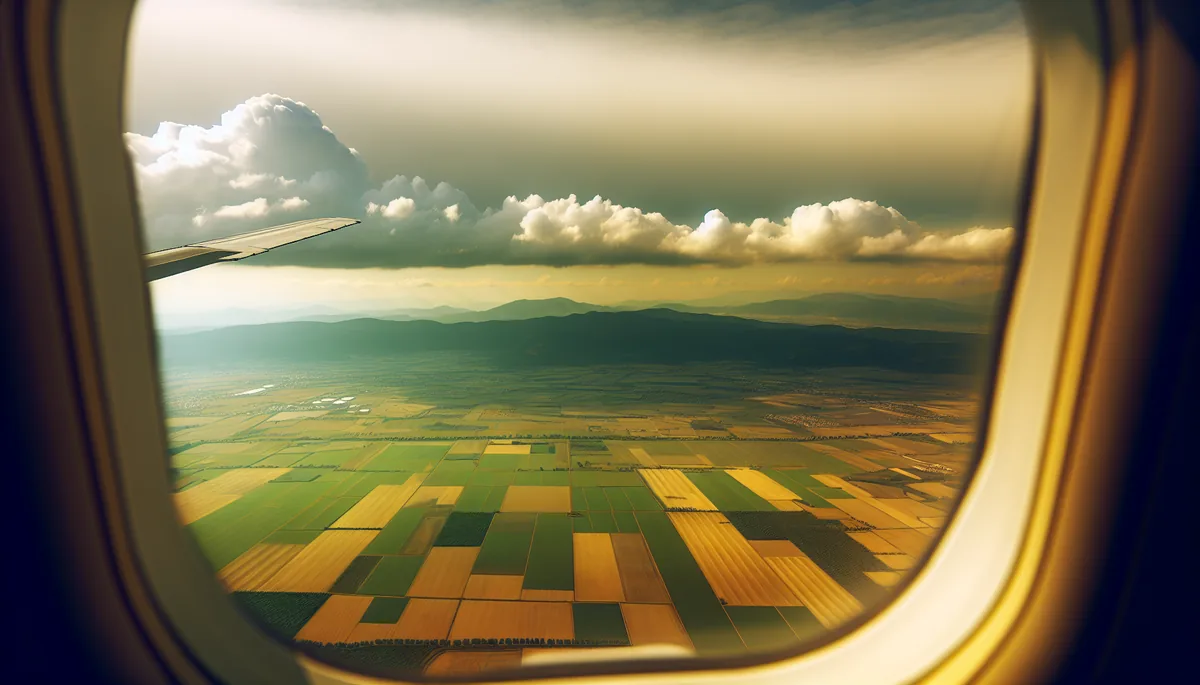 Aerial view from airplane window showing European countryside with fields and mountains below, representing international travel
