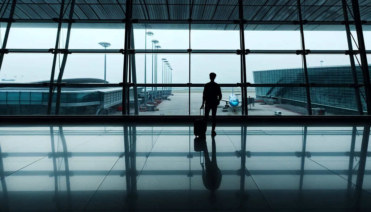 Silhouette of a traveler standing at an airport terminal window looking out at planes on the tarmac under overcast skies